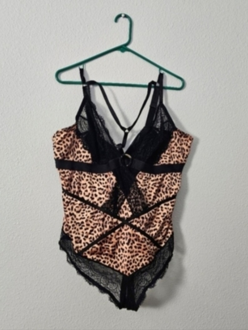 Leopard Print Lace-Trim Bodysuit - Black and Tan Sz L
